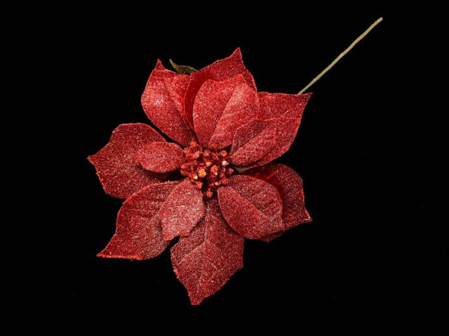 Vibrant red artificial large iced poinsettia stem for festive decor, replicates real flowers without maintenance.