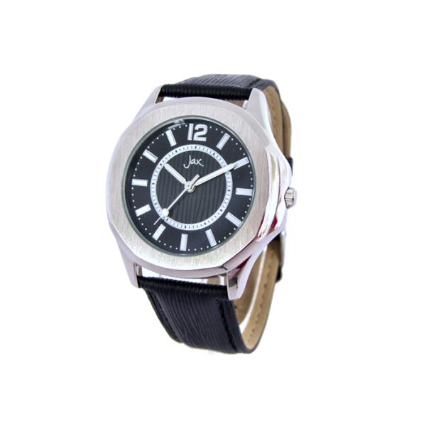 Round black watch with white face, 38mm diameter, black PU strap, featuring precise Seiko movement.
