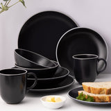 Elegant 12-piece Mason Cash Black Dinner Set features durable stoneware plates and bowls, perfect for stylish dining.