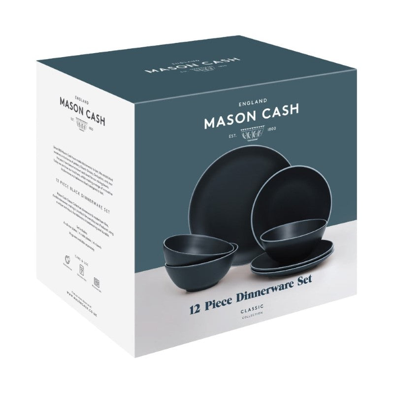 Elegant Mason Cash Black Dinner Set (12pc) featuring durable stoneware plates and bowls, perfect for sophisticated dining.