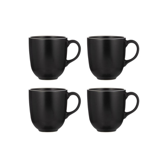 Set of 4 black stoneware mugs (400ml each) with a chic, durable design, perfect for coffee, tea, and hot chocolate.