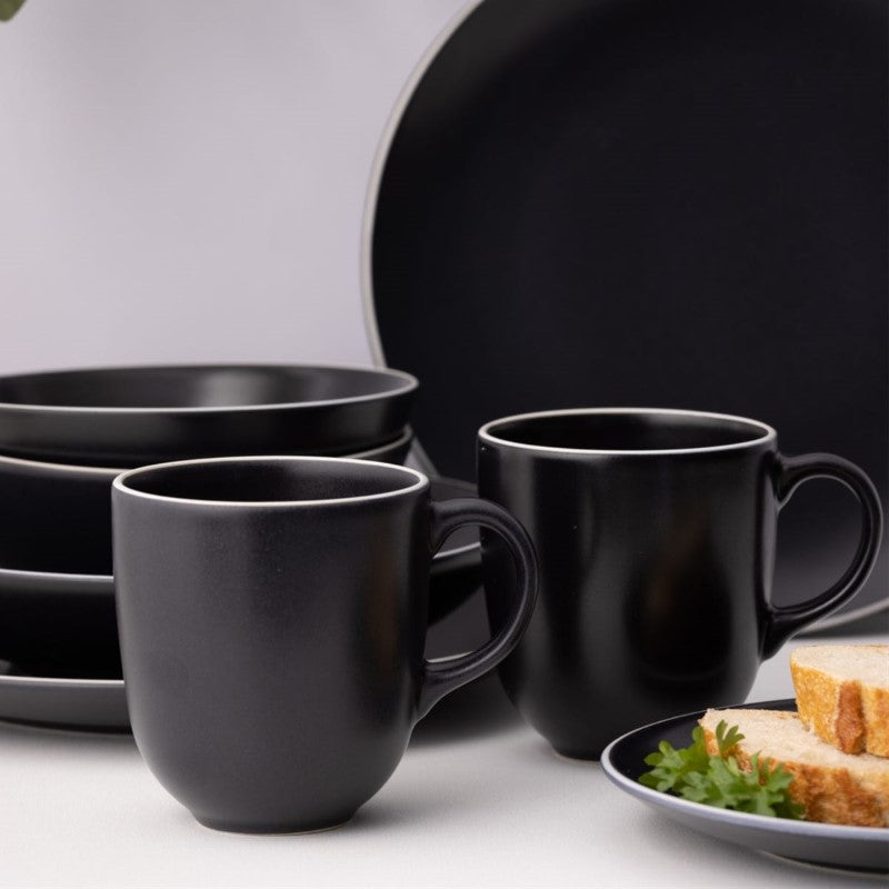 Set of 4 elegant black stoneware mugs, 400ml capacity, microwave and dishwasher safe, perfect for tea and coffee.