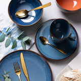 Mason Cash Reactive Blue 12-piece dinner set featuring unique glaze, ideal for serving up to 4 guests, dishwasher safe.