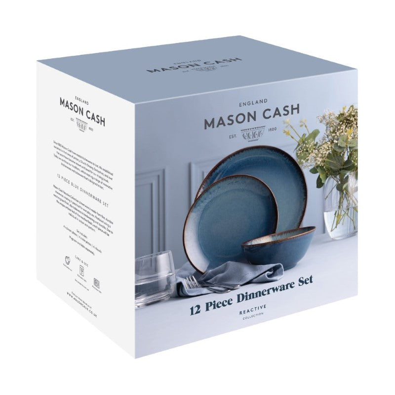 Mason Cash Reactive Blue 12-piece dinner set featuring unique reactive glaze, perfect for stylish dining and entertaining.