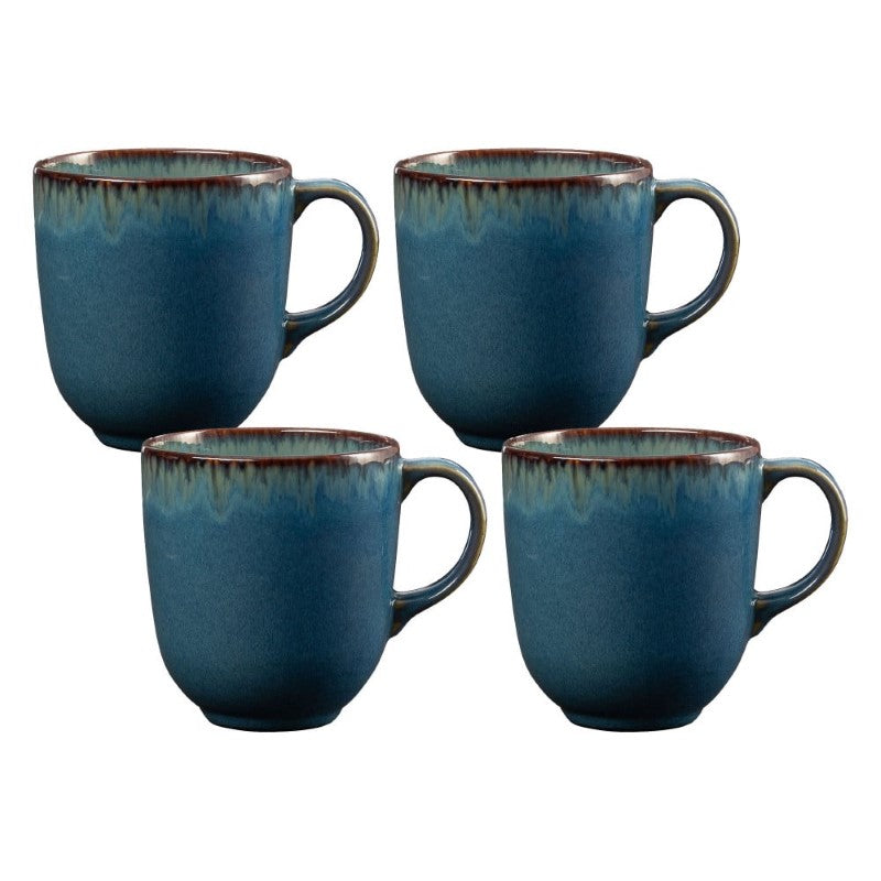 Set of 4 Mason Cash Reactive Blue mugs, 400ml each, featuring unique glaze, durable stoneware, and sturdy handles.