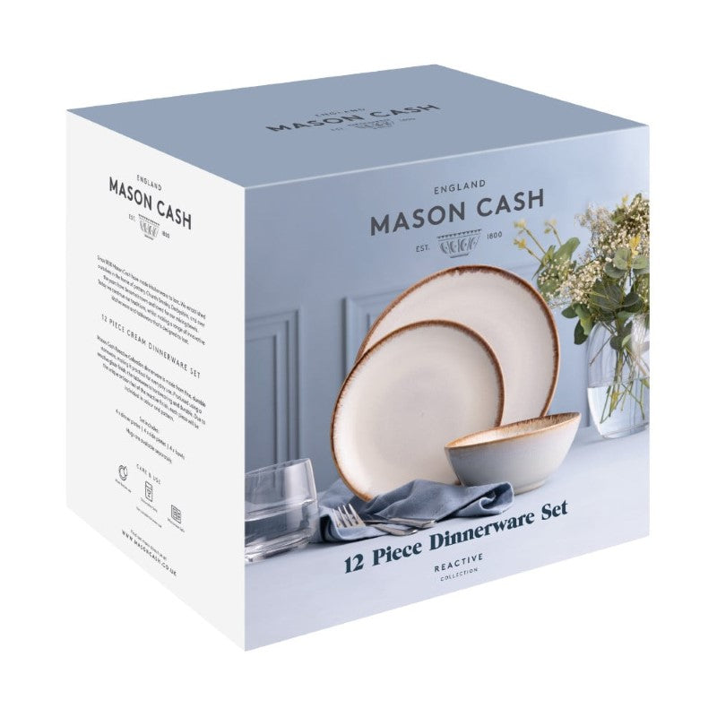 Elegant 12-piece Mason Cash dinner set in cream, featuring unique reactive glaze, perfect for dining and entertaining up to 4 guests.