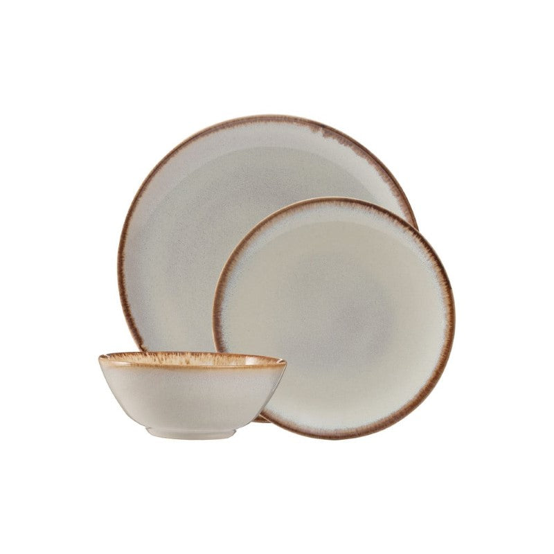 Elegant 12-piece Mason Cash dinner set in cream, featuring unique reactive glaze dinner plates, side plates, and bowls.