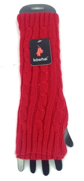 Red knitted arm warmers, soft and warm, perfect for winter style and gifting.
