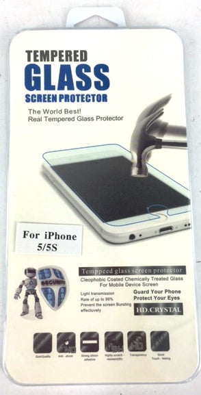 Tempered glass screen protector for iPhone 5/5s, offering durability, clarity, rounded edges, and anti-shatter safety.