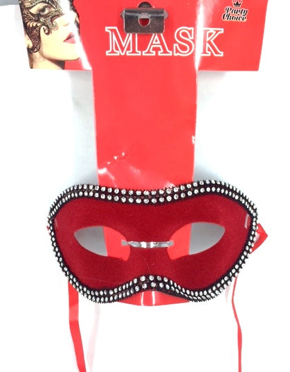 Red Fox Eyes Masquerade Mask adorned with shimmering diamantes, featuring flexible design and secure satin ribbon for comfort.