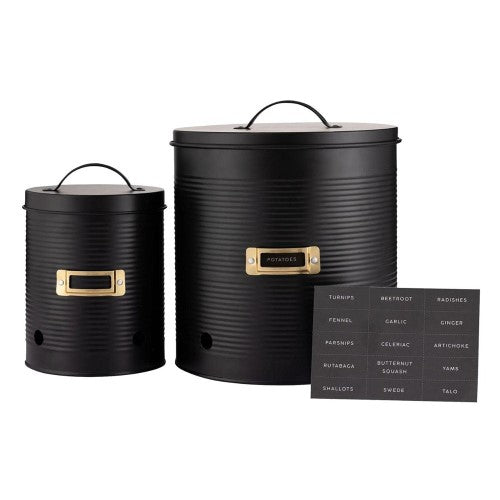 Stylish black Typhoon Root Vegetable Set with gold badge, featuring two canisters for optimal vegetable storage and ventilation.