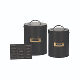 Stylish matte black storage canister set with gold accents, perfect for organizing kitchen items and eco-friendly design.