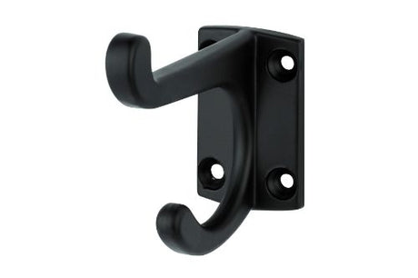 Stylish black powder-coated hat and coat hook, made of durable zinc, perfect for entryways and maximizing space.