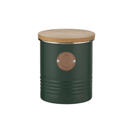 Green Typhoon Living Sugar Canister with bamboo lid and copper badge, 1L capacity for stylish kitchen organization.