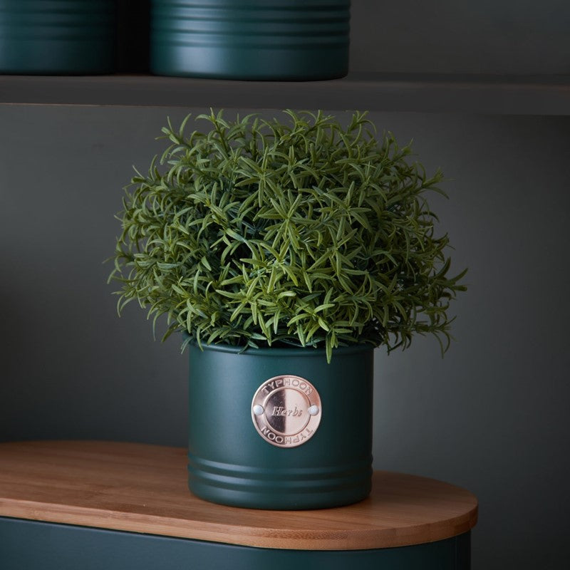 Green Typhoon Living 700ML Herb Pot, stylish steel planter for fresh herbs, features a brass badge and leak-proof design.