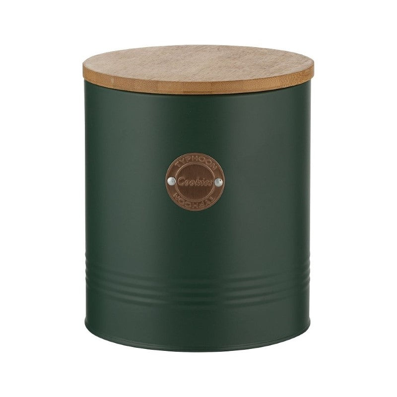 Green 3.4L Typhoon Living cookie canister with bamboo lid, airtight seal, and copper badge for fresh cookie storage.