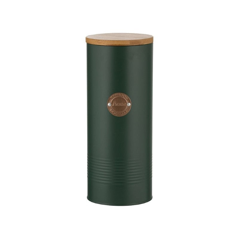 Stylish green 2.5L pasta storage container with bamboo lid, airtight seal, and copper badge for organized, fresh pasta.