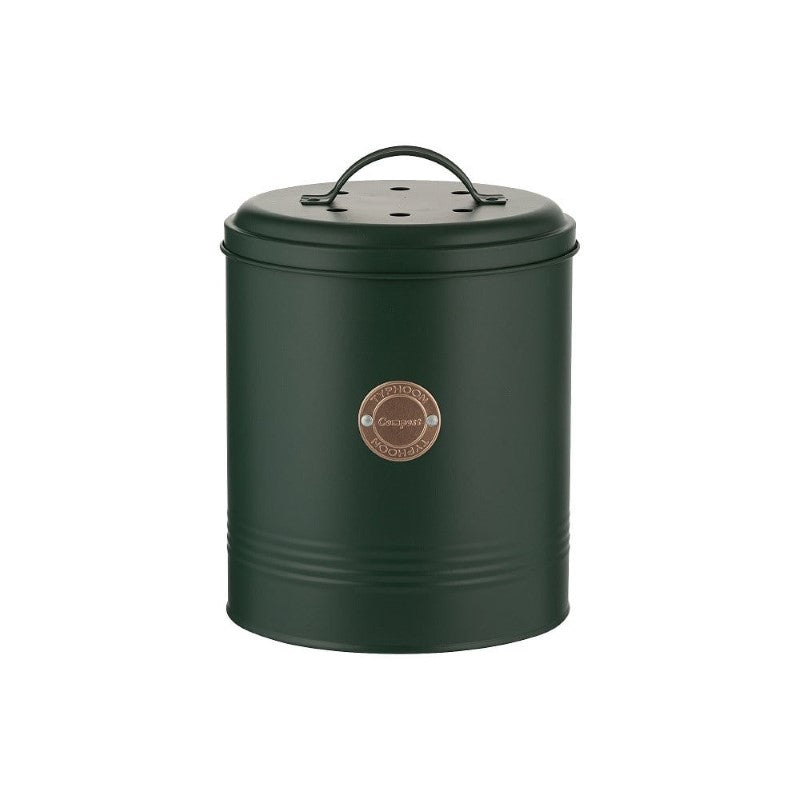 Green Typhoon Living Compost Caddy (2.5L) made of durable carbon steel, featuring odour-neutralising filters and removable bucket.