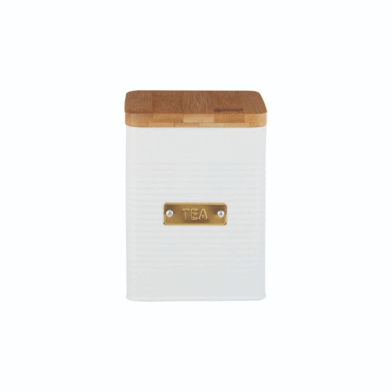 Elegant Typhoon Square Tea Storage - 1.6L in White with bamboo lid, ribbed texture, and gold badge for chic tea organization.