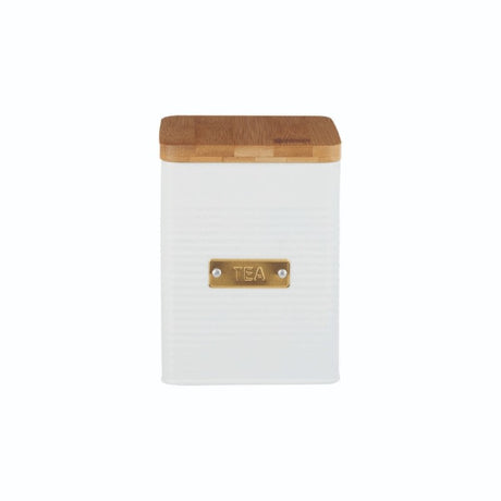 Elegant Typhoon Square Tea Storage - 1.6L in White with bamboo lid, ribbed texture, and gold badge for chic tea organization.