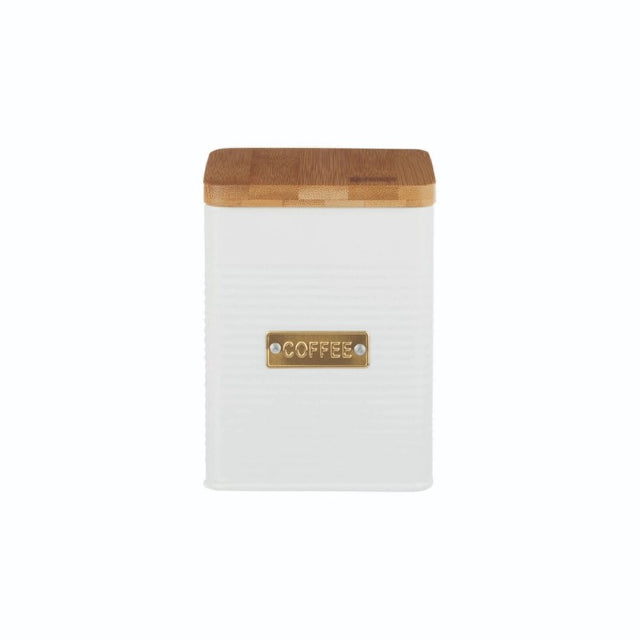 Sleek white square coffee storage canister with airtight bamboo lid, ribbed texture, and gold badge, perfect for fresh coffee.