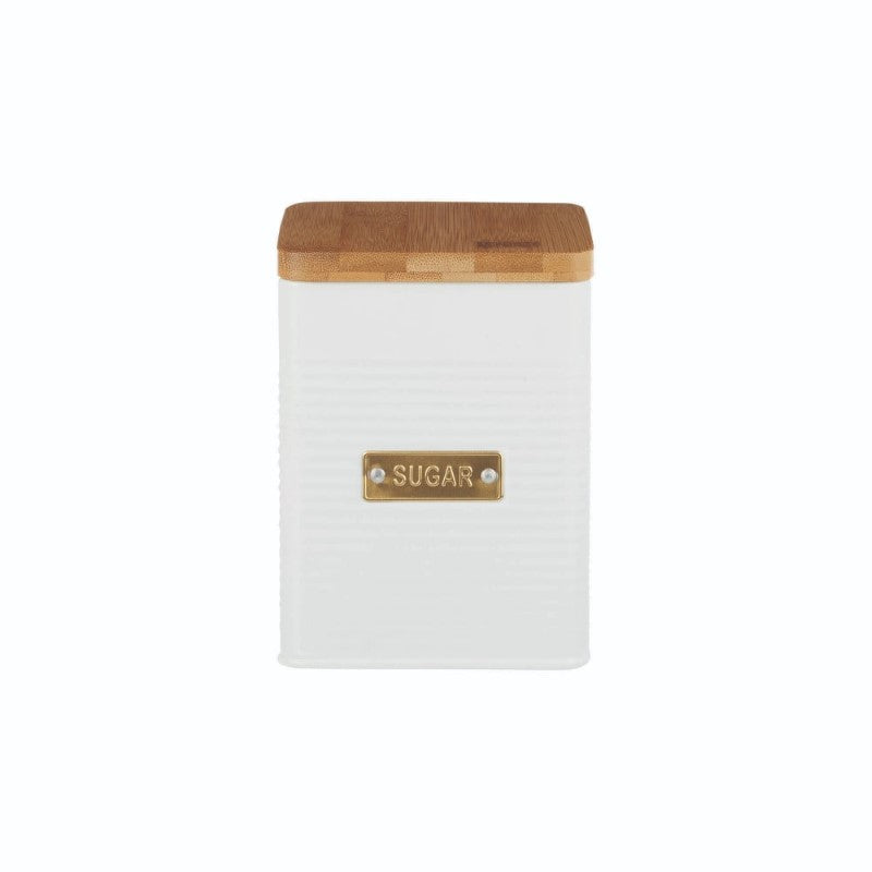 Square white sugar storage container with ribbed texture, bamboo lid, and gold badge; eco-friendly and stylish kitchen accessory.