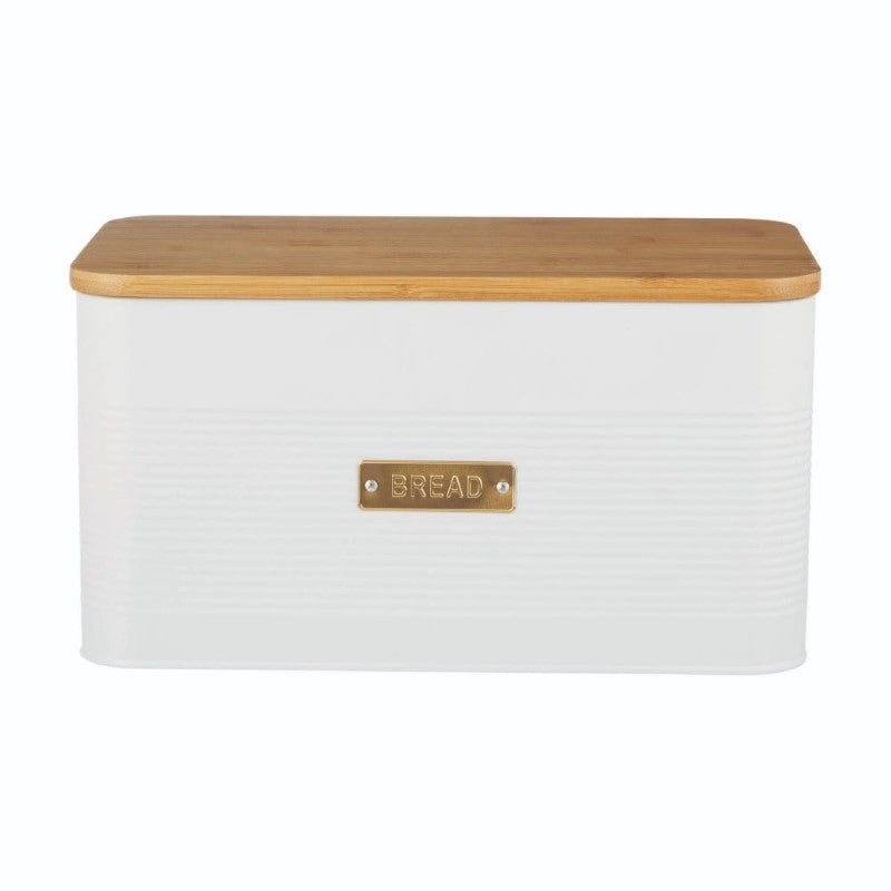 Square white bread bin with bamboo lid and ribbed texture, ideal for keeping baked goods fresh and stylish on the countertop.