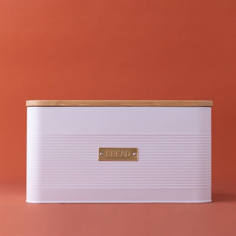 Square white bread bin with bamboo lid, 9.5L capacity, ribbed texture, and gold badge for stylish kitchen storage.