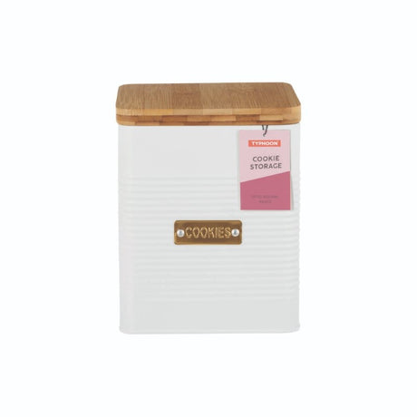 Elegant white square cookie storage canister with ribbed texture and gold 'cookie' badge, eco-friendly and airtight lid.