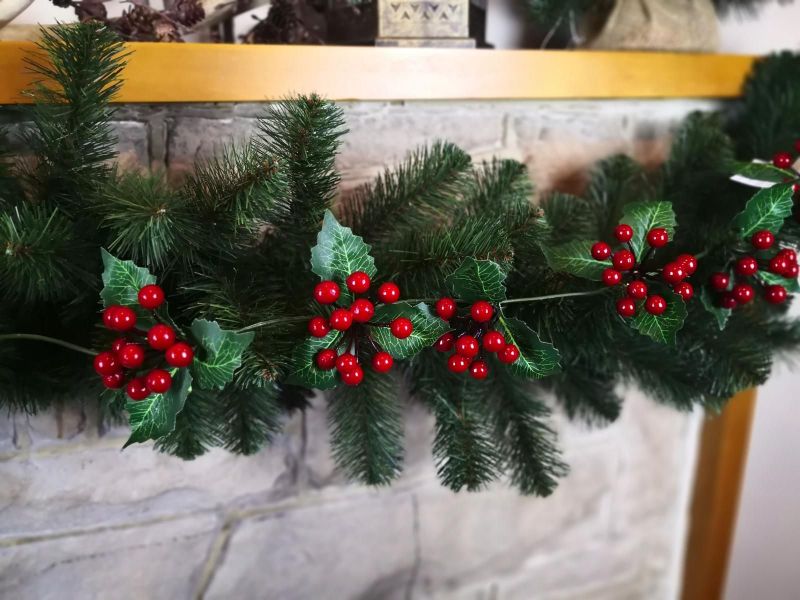 Holly Garland with Large Red Berries, 180cm long, perfect for festive decor on mantels, doorways, or staircases.