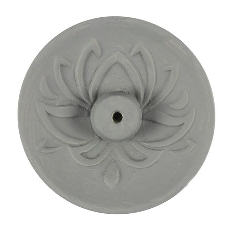 Grey Lotus Terracotta Incense Plate displaying a serene grey lotus design, ideal for enhancing sacred spaces and mindfulness practices.