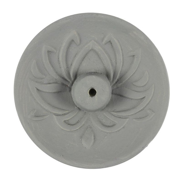 Grey Lotus Terracotta Incense Plate displaying a serene grey lotus design, ideal for enhancing sacred spaces and mindfulness practices.