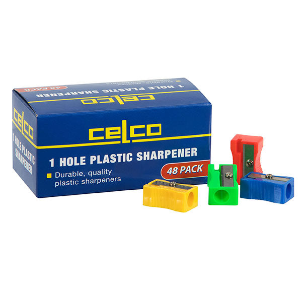 Colorful plastic pencil sharpeners in red, yellow, green, and blue, ideal for schools and creative activities. Pack of 48.