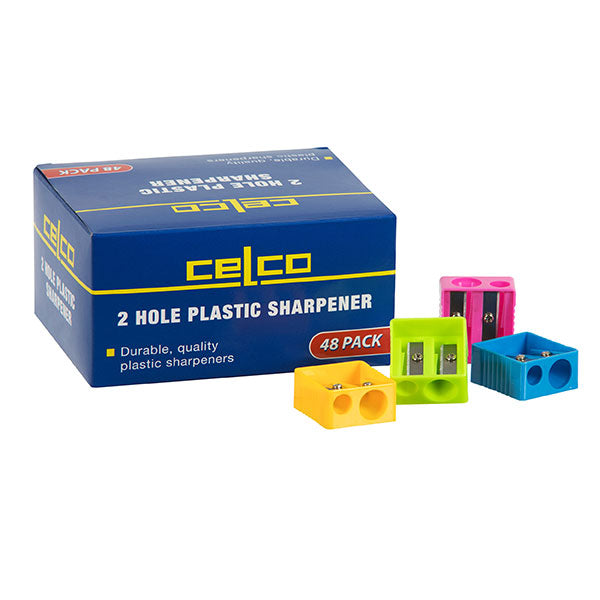 Colorful set of 48 durable plastic double hole pencil sharpeners, ideal for classrooms and offices, in four vibrant colors.