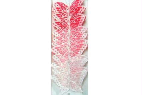 Pack of 12 pink feather butterflies with glitter, designed for crafts and decorations, 9 cm each, reusable and bendable.