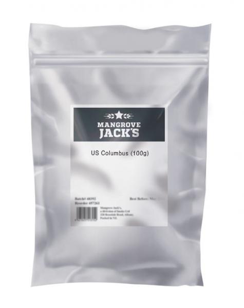 Mangrove Jack's US Columbus hop pellets (100g) showcasing earthy, spicy, and citrus notes, ideal for brewing craft beers.