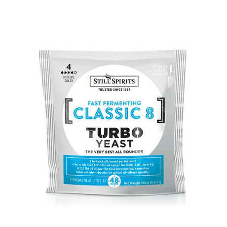 Premium 240g Still Spirits Classic 8 Turbo Yeast for high alcohol production and fast fermentation with enhanced distillate quality.