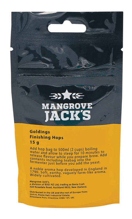 Packaging of Mangrove Jack's Goldings Finishing Hops 15g, ideal for enhancing home brewed beers with floral, earthy notes.