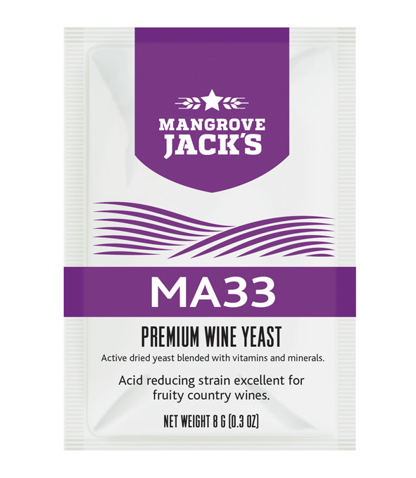 Mangrove Jack's Yeast MA33 8g, designed for fruity white and blush wines, reduces malic acid for a smooth, vibrant profile.