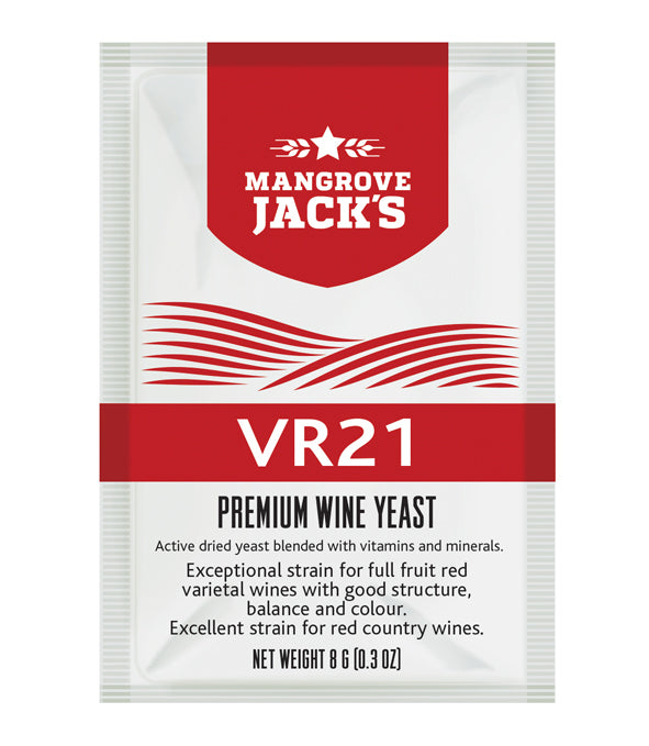 Premium Mangroves Jack's Yeast - VR21 (8g) package for crafting full-bodied red wines with enhanced fruit flavors and colors.