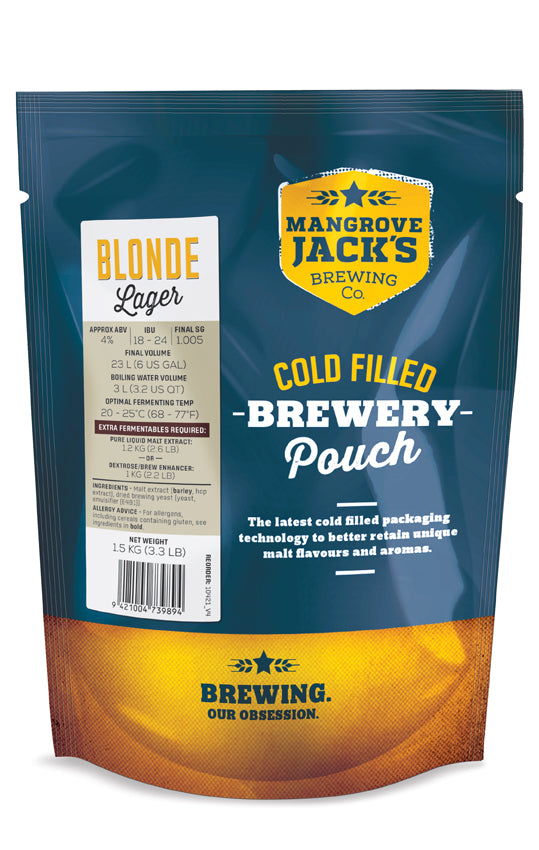 Blonde Larger Pouch from Mangrove Jack's for crafting 23 litres of smooth, crisp lager at home with advanced nitrogen technology.