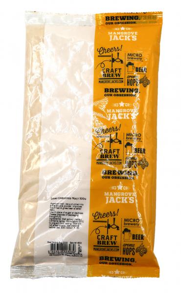 Mangrove Jack's Light Unhopped Dry Malt 500g, a fine powder enhancing beer mouthfeel and head retention for craft brewing.