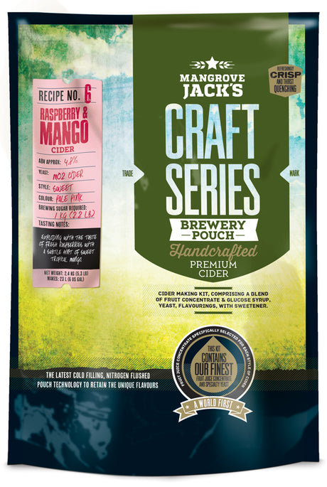 Mangrove Jack's 2.4kg cider pouch featuring vibrant raspberry and mango flavors in a refreshing, pale pink drink.