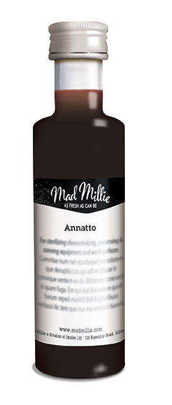 Vibrant 50ml bottle of Mad Millie Annatto, a natural cheese coloring agent for creating stunning cheddar and blue cheese hues.