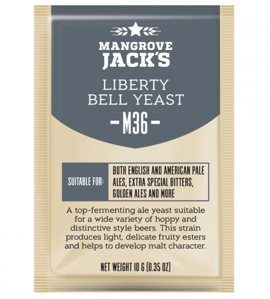 Mangrove Jack's M36 Liberty Bell Ale yeast packet, ideal for brewing hoppy and distinctive ales with fruity esters.