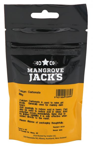 Mangrove Jack's 100g Calcium Carbonate for adjusting pH in brewing water, ideal for enhancing dark beers' flavor balance.