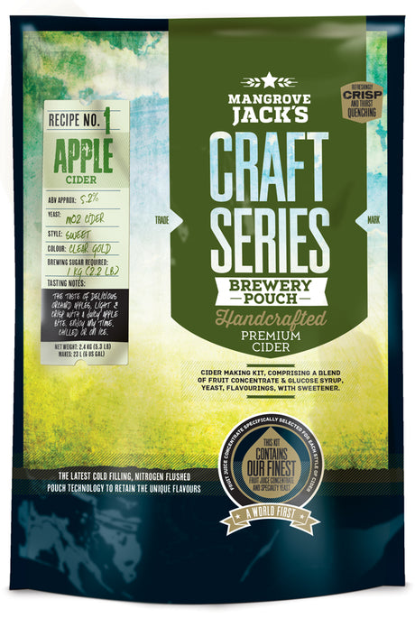 Refreshing Mangrove Jack's Apple Cider Pouch, featuring crisp orchard apple flavors and a golden hue, perfect for summer.