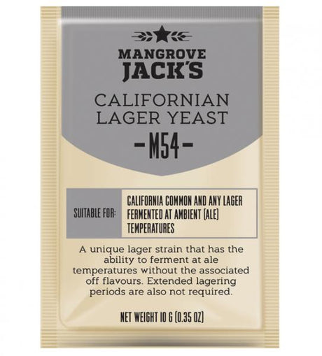 Mangrove Jack's M54 Californian Lager yeast pack, ideal for brewing crisp lagers at ale temperatures without off-flavors.