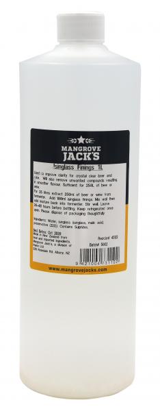 Mangrove Jack's Isinglass Finings 1L for enhancing beer and wine clarity, improving flavor, and achieving professional results.