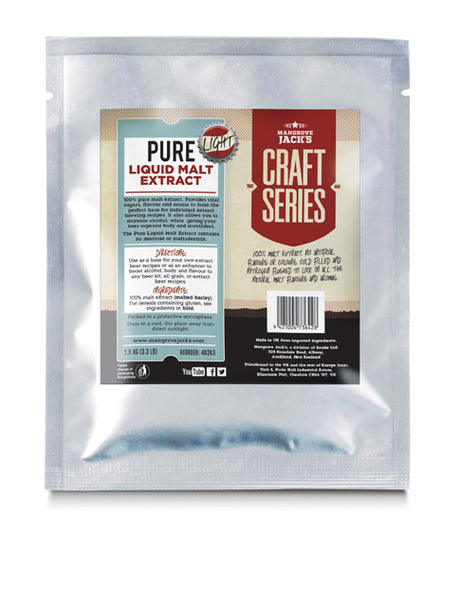 1.5 kg Mangrove Jack's Pure Liquid Malt Extract - Light in a pouch, ideal for brewing with rich flavors, aromas, and enhanced alcohol.